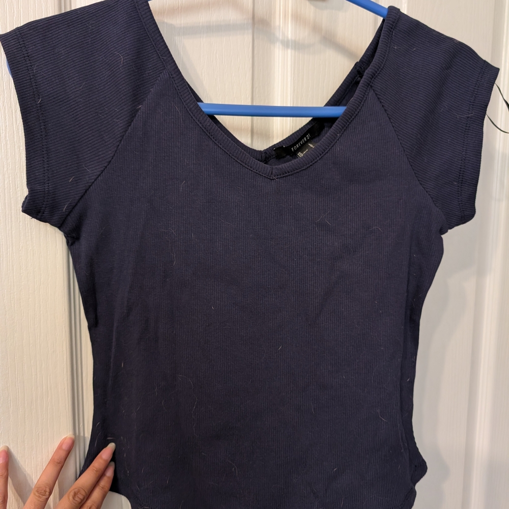 Forever 21 Navy Ribbed V-Neck Short Sleeve Tee